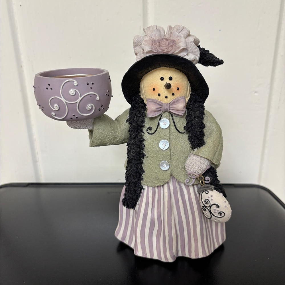 Plum Pudding Snowman candle holder snow-lady snow-woman vintage Victorian lady